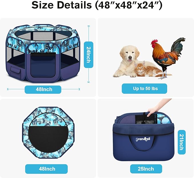 48" Large Pop Up Dog Playpen & Whelping Box for Dogs, Portable Foldable Puppy Playpen with Waterproof Bottom, Pet Tent Exercise Pen for Camping/Indoor, Includes Bowl & Carry Bag