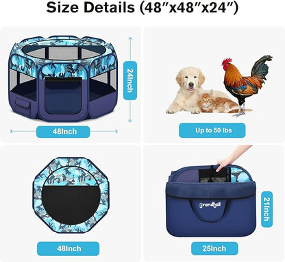 48" Large Pop Up Dog Playpen & Whelping Box for Dogs, Portable Foldable Puppy Playpen with Waterproof Bottom, Pet Tent Exercise Pen for Camping/Indoor, Includes Bowl & Carry Bag