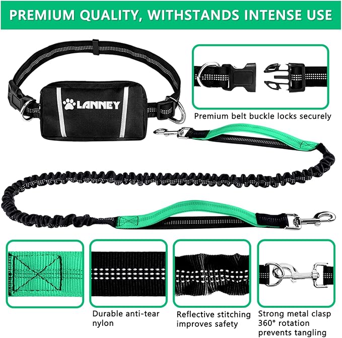 LANNEY Hands Free Dog Leash, Waist Running Leash with Zipper, Walking Pouch for Medium Large Dogs, Dual Handle and Retractable Bungee for Training Jogging Hiking(25-120 lbs, Teal)