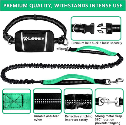 LANNEY Hands Free Dog Leash, Waist Running Leash with Zipper, Walking Pouch for Medium Large Dogs, Dual Handle and Retractable Bungee for Training Jogging Hiking(25-120 lbs, Teal)