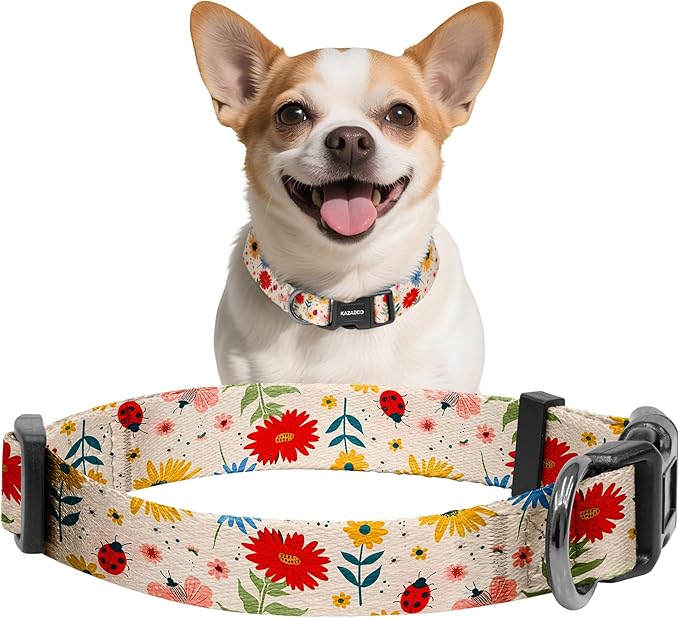Kazazoo Dog Collar Cute and Soft Nylon Puppy Collar for Boy and Girl, Adjustable Dog Collars for Small Medium Dogs, Ladybugs and Flowers-XS
