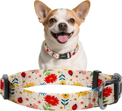 Kazazoo Dog Collar Cute and Soft Nylon Puppy Collar for Boy and Girl, Adjustable Dog Collars for Small Medium Dogs, Ladybugs and Flowers-XS