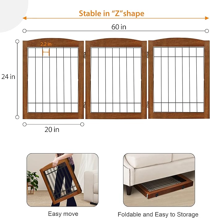 LZRS 3-Panel Freestanding Foldable Wooden Dog Gate –Solid Wood & Steel Wire Chew-Resistant Indoor Safety Pet Fence for Doorways & Stairs, Ideal for Small to Medium Dogs & Puppies, Cherry