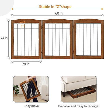 LZRS 3-Panel Freestanding Foldable Wooden Dog Gate –Solid Wood & Steel Wire Chew-Resistant Indoor Safety Pet Fence for Doorways & Stairs, Ideal for Small to Medium Dogs & Puppies, Cherry