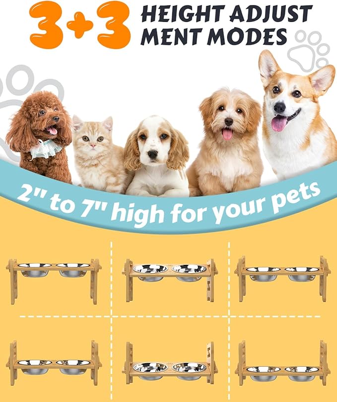 Jovrun Elevated Dog Bowls, Adjustable Raised Dog Bowl Stand for Small Size Dogs and Cats, Durable Bamboo Dogs Feeder with 2 Stainless Steel Bowls and Non-Slip Feet, Pet Food Bowl with Mat