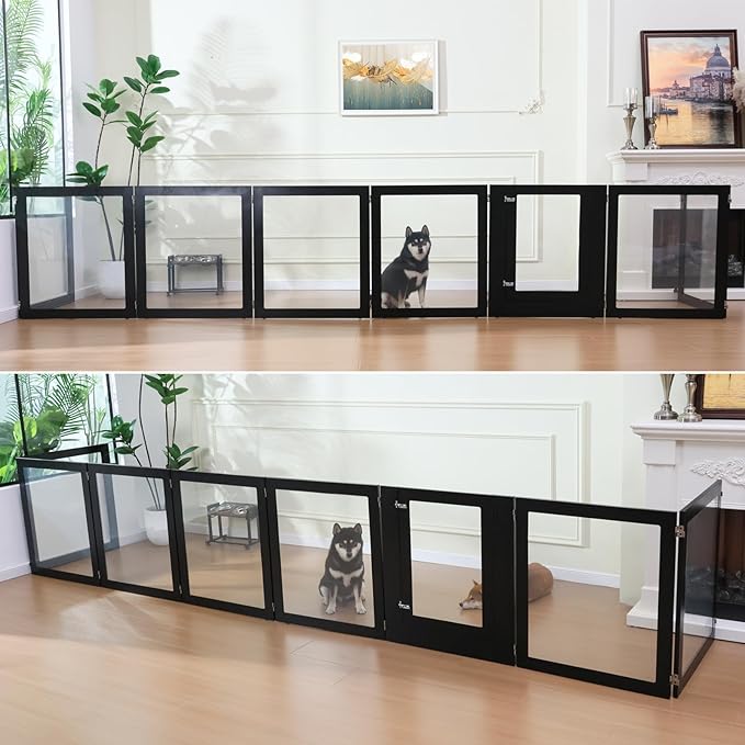 Heavy Duty Clear Acrylic Dog Playpen, 32" Height Transparent Pet Pen, Metal Frame Easy Assemble Kennel Enclosure, Ideal for Small to Medium Dogs, Cats, and Other Small Pets (Black, 6 Panels with door)