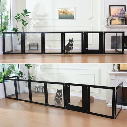 Heavy Duty Clear Acrylic Dog Playpen, 32" Height Transparent Pet Pen, Metal Frame Easy Assemble Kennel Enclosure, Ideal for Small to Medium Dogs, Cats, and Other Small Pets (Black, 6 Panels with door)