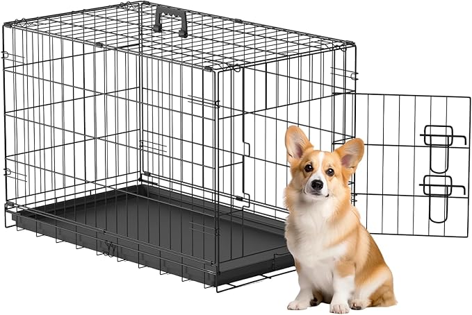 FDW 30inch Dog Crate Pet Cage with Metal Folding Design Plastic Tray Indoor Outdoor Dog Kennel Cage for Small and Medium Dogs,Black