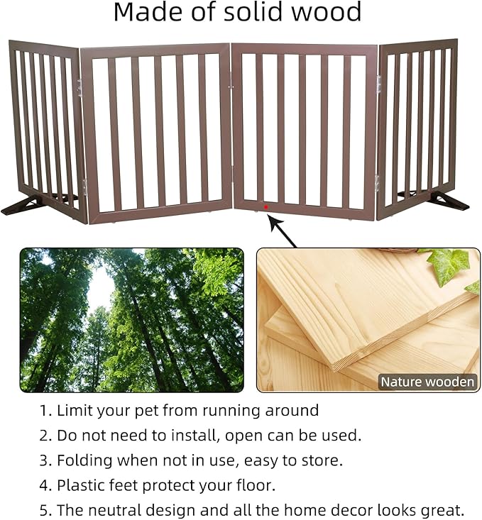 Dog Gate Indoor, Freestanding Dog Fence for The House, Doorways, Hallways,or Stairs,Pet Gate Foldable Wooden,Expandable 24" Height 4 Panels,Brown