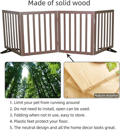 Dog Gate Indoor, Freestanding Dog Fence for The House, Doorways, Hallways,or Stairs,Pet Gate Foldable Wooden,Expandable 24" Height 4 Panels,Brown