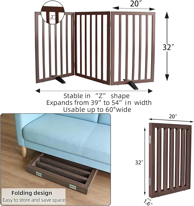 Dog Gate Indoor, Freestanding Dog Fence for The House, Doorways, Hallways,or Stairs,Pet Gate Foldable Wooden,Expandable 32" Height 3 Panels,Brown