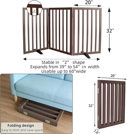 Dog Gate Indoor, Freestanding Dog Fence for The House, Doorways, Hallways,or Stairs,Pet Gate Foldable Wooden,Expandable 32" Height 3 Panels,Brown