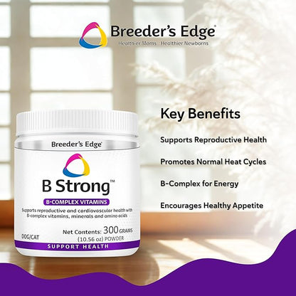 Breeder’s Edge B Strong Powder, B-Complex Vitamin Supplement for Dogs and Cats, Supports Reproductive Health, Promotes Normal Heat Cycles, and Helps Maintain Energy, 300g