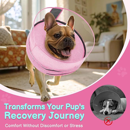 Soft Inflatable Dog Cone for Surgery Recovery, Protective Dog Donut Collar with Shield to Stop Licking Wounds, 2-in-1 Patented Comfort Blow-Up Collar (Pink, L)