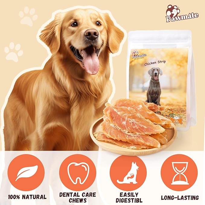 Pawmate Dog Treats Chicken Jerky Tenders, Healthy Human Grade Chicken w/Taurine Rawhide-Free Grain-Free, High Protein Training Reward Treats Snacks for Small Medium Large Breed, 12 Counts, 10.6 oz