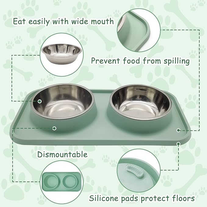 BNOSDM 2 Pcs Double Dog Food Bowls, Stainless Steel Small Dog Food and Water Bowls with Non-Spill Plastic Mat, Pet Cat Feeder Dish Set for Puppy Cats Kitten, Green
