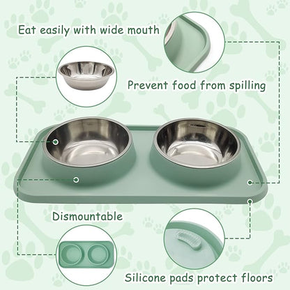BNOSDM 2 Pcs Double Dog Food Bowls, Stainless Steel Small Dog Food and Water Bowls with Non-Spill Plastic Mat, Pet Cat Feeder Dish Set for Puppy Cats Kitten, Green