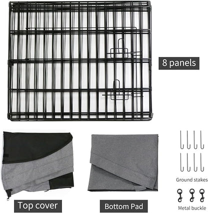 PETIME Foldable Metal Dog Exercise Pen/Pet Puppy Playpen Kennels Yard Fence Indoor/Outdoor 8 Panel 24" W with Top Cover and Bottom Pad (Playpen+Bottom+Top Cover, 8 Panels 24" H)