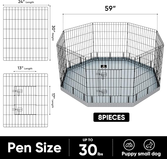 PJYuCien Dog Playpen with Bottom Pad - Metal Foldable Exercise Pen, 8 Panels 30" H x 24" W Indoor Outdoor Pet Fence Puppy Crate Kennel, Gray