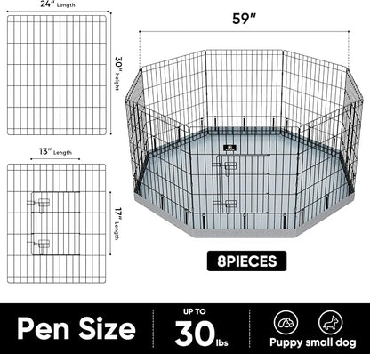 PJYuCien Dog Playpen with Bottom Pad - Metal Foldable Exercise Pen, 8 Panels 30" H x 24" W Indoor Outdoor Pet Fence Puppy Crate Kennel, Gray