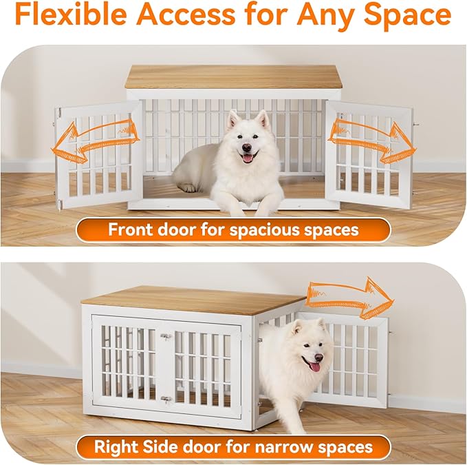 Snuowu 42" Heavy Duty Dog Crate Furniture for Small,Medium and Large Dogs,Rustic Wooden Dog Cage Kennel Indoor Furniture with Waterproof Top,Decorative Pet House Side End Table (White & Wood)