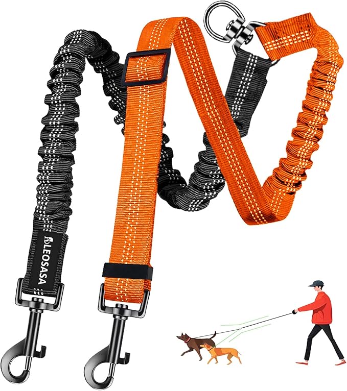 Double Dog Leash - 360°Swivel Tangle Free Splitter Attachment, 2 Dogs Multi-Functional Leashes, Dual Rope for Outdoor Walk Train Small Medium Large Two Pet, Orange