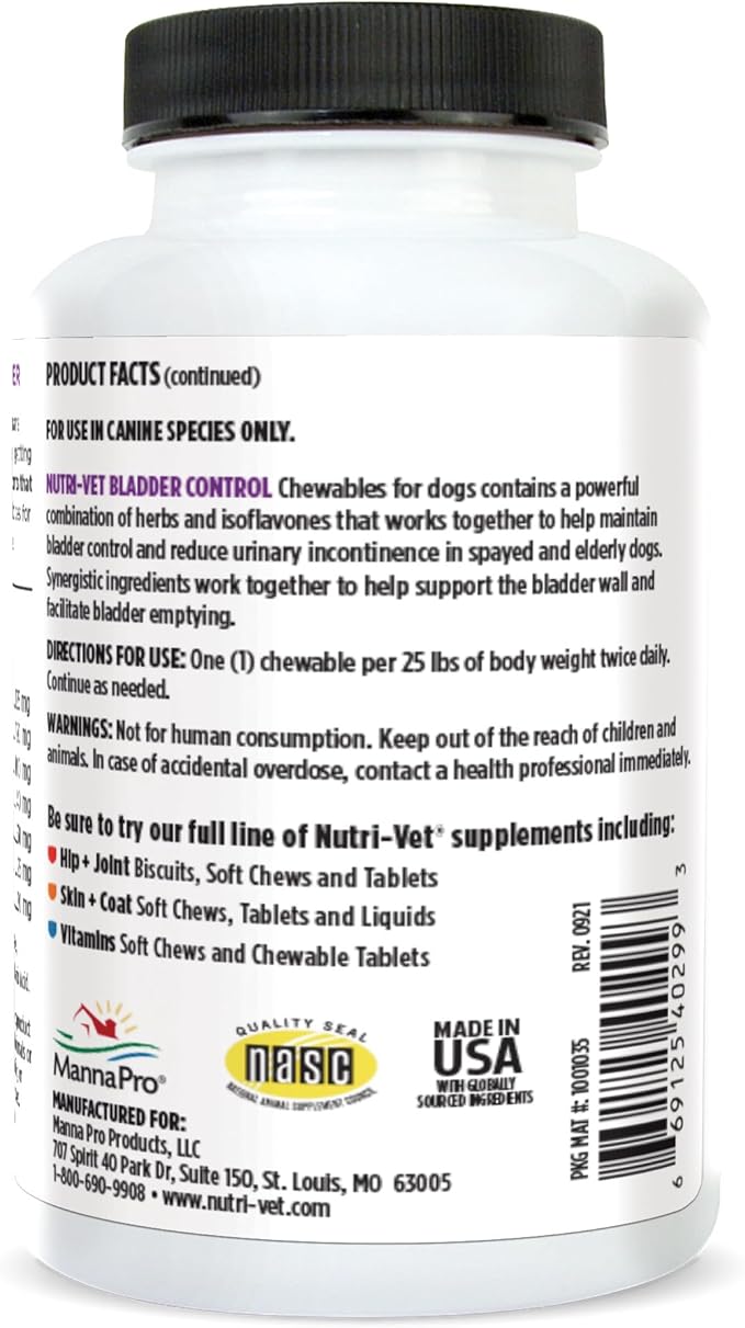 Nutri-Vet Bladder Control Supplement, Cranberry Supplement, Dog Products, Immune Support,Helps Dog Urinary Incontinence,Bladder Control Pills,Urinary Tract Health,Puppy Support,90 Tablets,(Pack of 2)