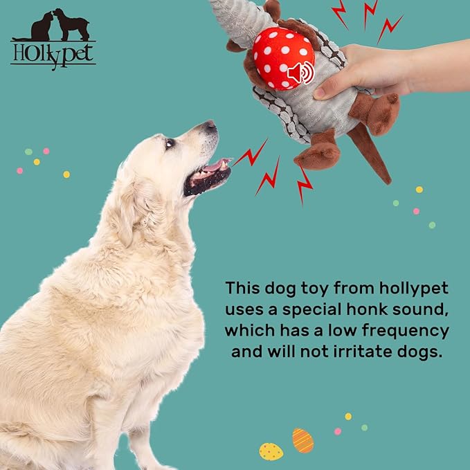 Hollypet Plush Dog Squeaky Toy Stuffed Armadillo Animal Pet Puppy Chew Toys with Clean Teeth for Small Medium Large All Breed Sizes Dogs, Gray, 8 in, Red Eggs with White Dots