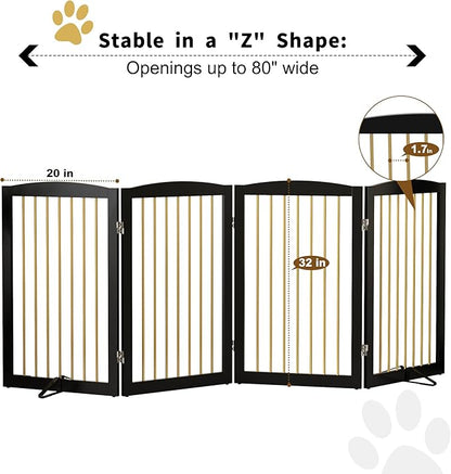 PUPETPO Freestanding Pet Gate for Dogs, Indoor Wooden Dog Gate for House, Foldable Dog Gate for Doorway, Stair, Step Over Pet Puppy Safety Fence Tall, 80 Inch Wide, 4 Panels 32", Black & Gold