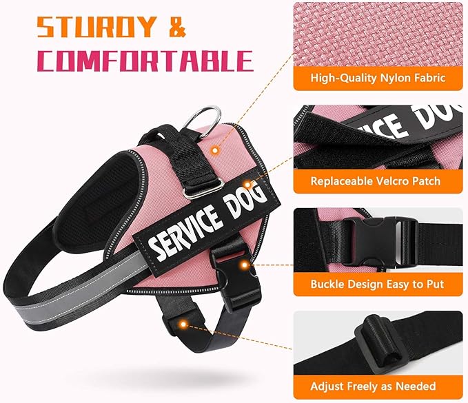 MUMUPET Service Dog Harness, No Pull Reflective Adjustable with Handle, Soft Breathable Padding for Medium Dogs, 2 Removable Velcro Patches (Pink, M)