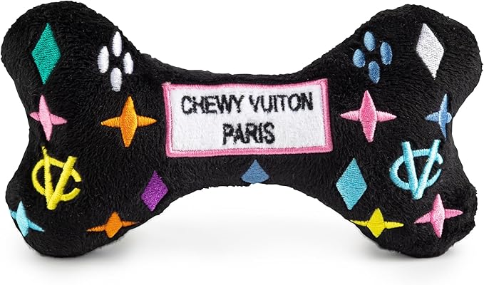 Haute Diggity Dog Chewy Vuiton Bone Plush Squeaky Dog Toy, Soft Durable Designer-Inspired Stuffed Puppy Chew Toys for Small & Medium Dogs, Machine-Washable (Black Monogram) Large