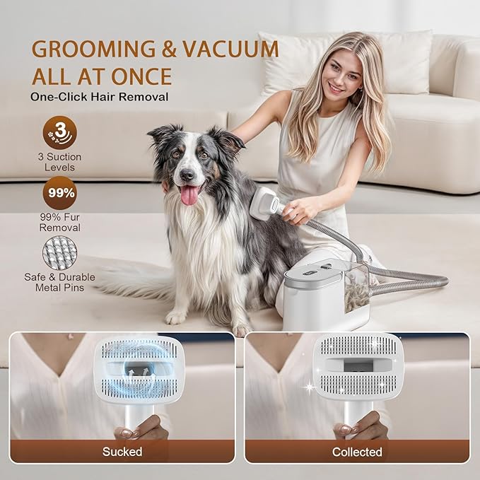 Dog Grooming Vacuum, Dog Grooming Kit with Pet Clipper Nail Grinder, 3 Suction Modes Dog Brush Vacuum with 6 Pet Grooming Tools (White)