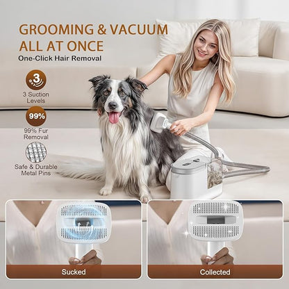 Dog Grooming Vacuum, Dog Grooming Kit with Pet Clipper Nail Grinder, 3 Suction Modes Dog Brush Vacuum with 6 Pet Grooming Tools (White)