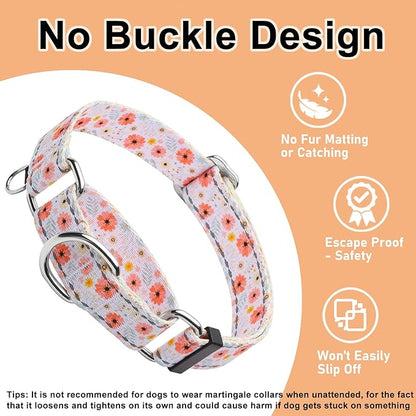 Reflective Martingale Collar for Dogs Nylon Training Collar with No Buckle Cute Floral No Pull Dog Collar for Small Dogs（White Flower，S）