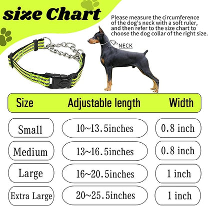 Martingale Dog Collars, Reflective Nylon Collar with Stainless Steel Chain, Adjustable Walking Training Dog Collars with Quick Release Buckle, Suitable for Small Medium Large Dogs(Green,S)