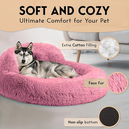 PetJett Large Dog Bed - 36'' Calming Donut Dog Beds, Anti-Slip & Washable Large Round Bed, Fluffy Faux Fur Pet Bed, Super Soft Anti-Anxiety Premium Comfort Bed, Fits Dogs up to 80 lbs - Pink