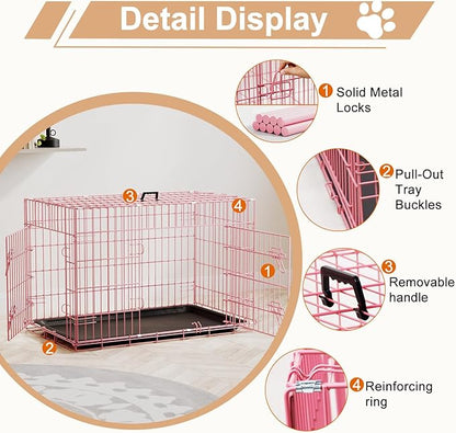 FDW Dog Crate 36inch Dog Cage Foldable Metal Kennel with Leakproof Tray Foldable Design Indoor Outdoor Use for Medium Dogs,Pink
