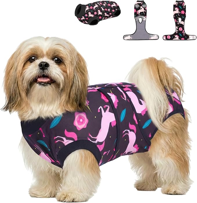 PetWarm Dog Spay Recovery Suit, Recovery Suit for Dogs, Spay and Neuter, Prevents Licking Cotton Protect Dog Abdominal, E-Collar Alternative, Unicorn Pattern, Black, XS