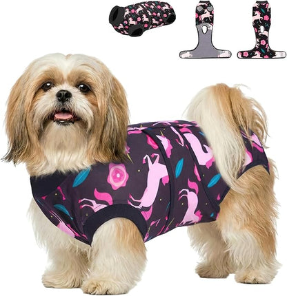 PetWarm Dog Spay Recovery Suit, Recovery Suit for Dogs, Spay and Neuter, Prevents Licking Cotton Protect Dog Abdominal, E-Collar Alternative, Unicorn Pattern, Black, XS
