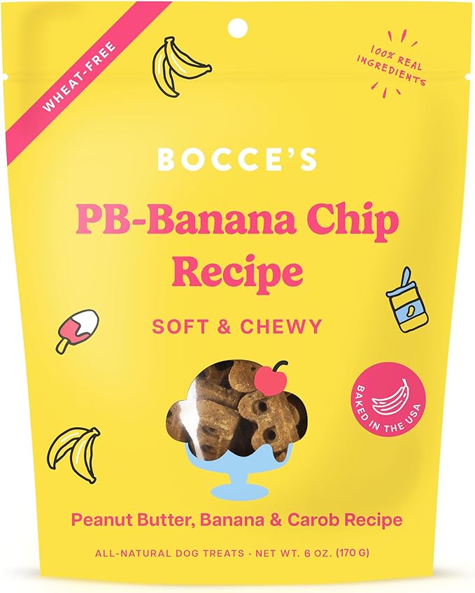 Bocce's Bakery PB Banana Chip Recipe Treats for Dogs, Wheat-Free Everyday Dog Treats, Real Ingredients, Baked in The USA, Natural Soft & Chewy Cookies, Peanut Butter, Bananas, & Carob, 6 oz