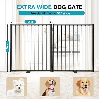 Snagle Paw Extra Wide Dog Gate,Free Standing Dog Fence with Door, Up to 52 Inch Wide Pet Gate with Support Feet for Stairs, Hallways, Doorways, Yard (Black, 2 Panels)