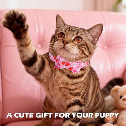 EXPAWLORER Small Collar and Leash Set - Embroidery Pawprints with Bow Tie and Bandana Collar with Bell, Soft Tangle Free Leash for Dogs Cats Outdoor Walking, Holiday Ideal Gift Pink Strawberry S