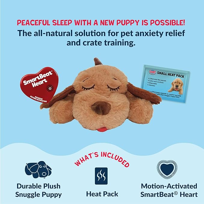 Snuggle Puppy Junior, Heartbeat Puppy Toy for Small Breeds, Smaller Plush Dog Toy with Real-Feel Pulse, Designed for Crate Use and Early Routines - Biscuit
