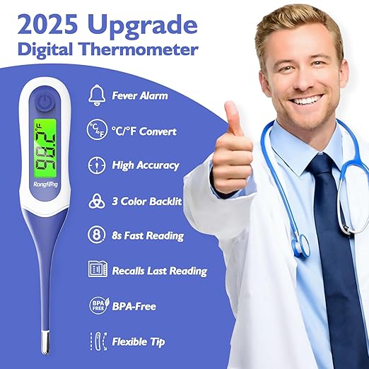 8s Fast Reading Oral Thermometer for Kids and Adults, Baby Digital Thermometer with 3 Color Backlit and Fever Alarm Medical FDA Basal Thermometer for Oral, Rectal, Underarm