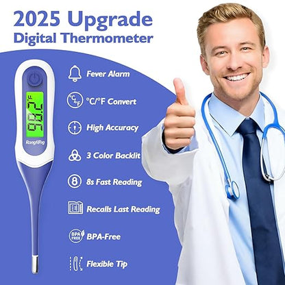 8s Fast Reading Oral Thermometer for Kids and Adults, Baby Digital Thermometer with 3 Color Backlit and Fever Alarm Medical FDA Basal Thermometer for Oral, Rectal, Underarm
