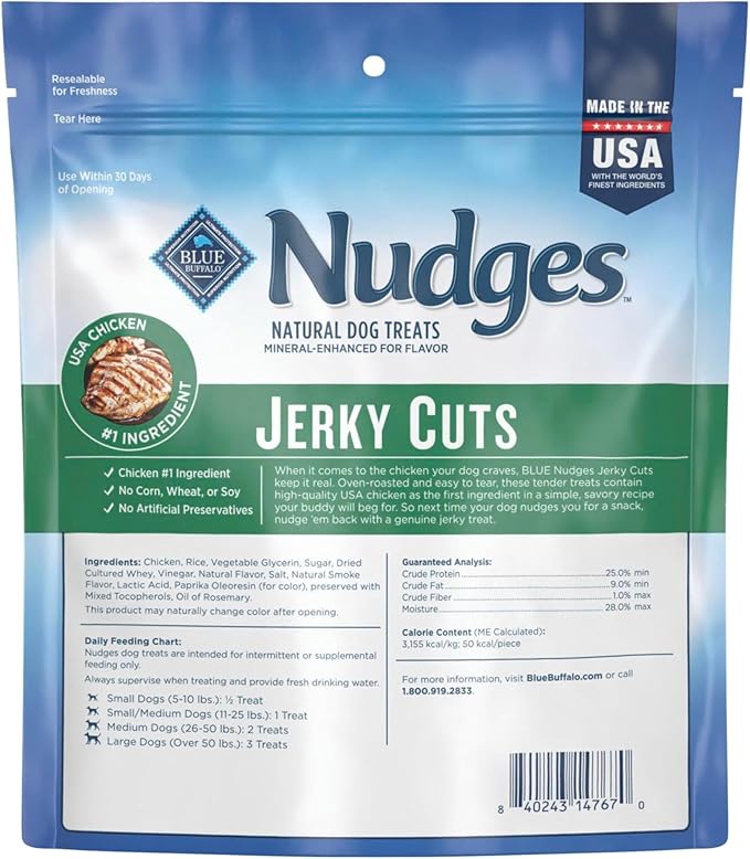 Blue Buffalo Nudges Jerky Cuts Dog Treats, Made in the USA with Natural Ingredients, Chicken, 10-oz Bag