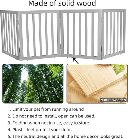ZJSF Freestanding Indoor Dog Gate for House Foldable Wood Grey Puppy Gate for Doorways Pet Gate for Stairs Extra Wide Pet Fence 24" Height 4 Panels