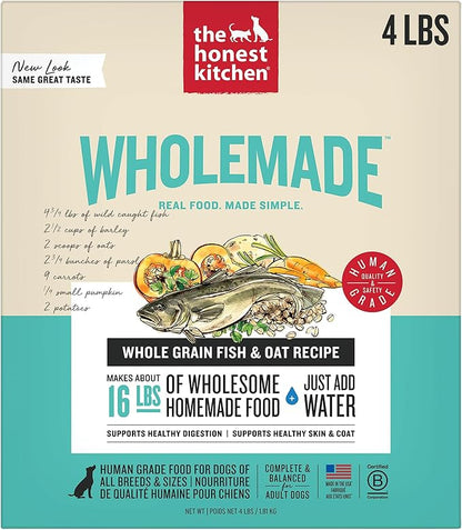 The Honest Kitchen Human Grade Wholemade™ Dehydrated Dog Food, Whole Grain Dog Food, Fish & Oats, 4 lb (Makes 16lbs)