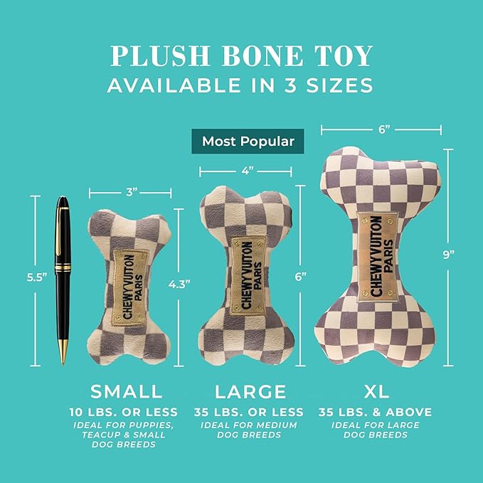 Haute Diggity Dog Chewy Vuiton Bone Plush Squeaky Dog Toy, Soft Durable Designer-Inspired Stuffed Puppy Chew Toys for Small, Medium & Large Dogs, Machine-Washable (Tan Checker) XL