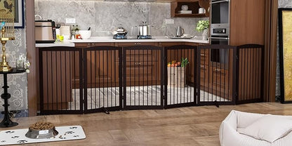 PUPETPO Freestanding Pet Gate for Dogs, Indoor Wooden Foldable Dog Gate for House, Extra Wide, Pet Fence for Stairs, Doorways, Halls, Support Feet Included, 120 Inch Wide, 6 Panels 32",Brown